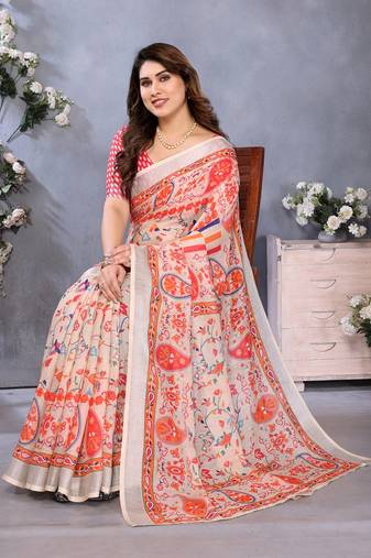 orange digital printed work cotton blend saree