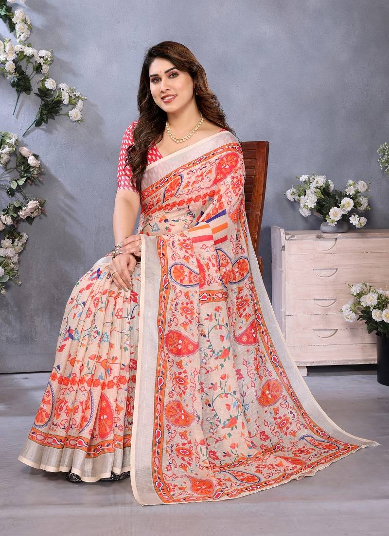 orange color digital printed work cotton blend saree