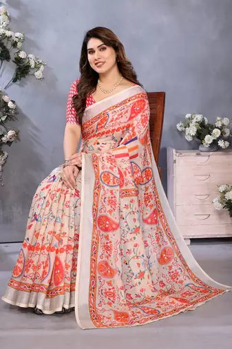 orange digital printed work cotton blend saree