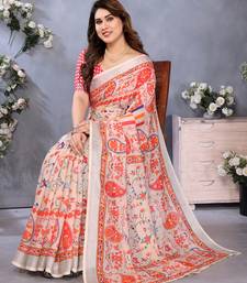 orange digital printed work cotton blend saree