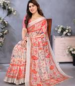 orange color digital printed work cotton blend saree