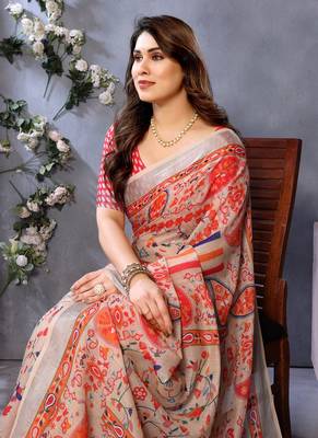 orange color digital printed work cotton blend saree 2