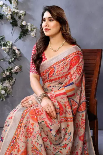 orange digital printed work cotton blend saree