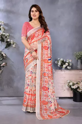 orange digital printed work cotton blend saree