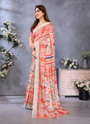 orange color digital printed work cotton blend saree 4
