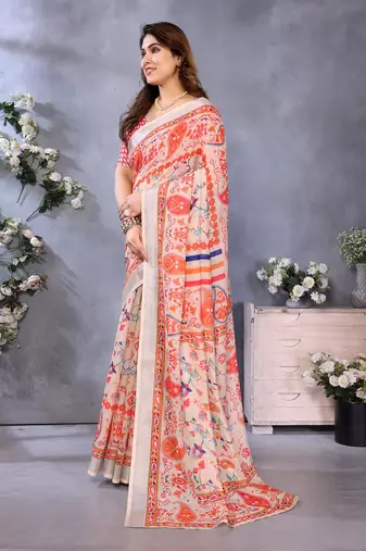 orange digital printed work cotton blend saree