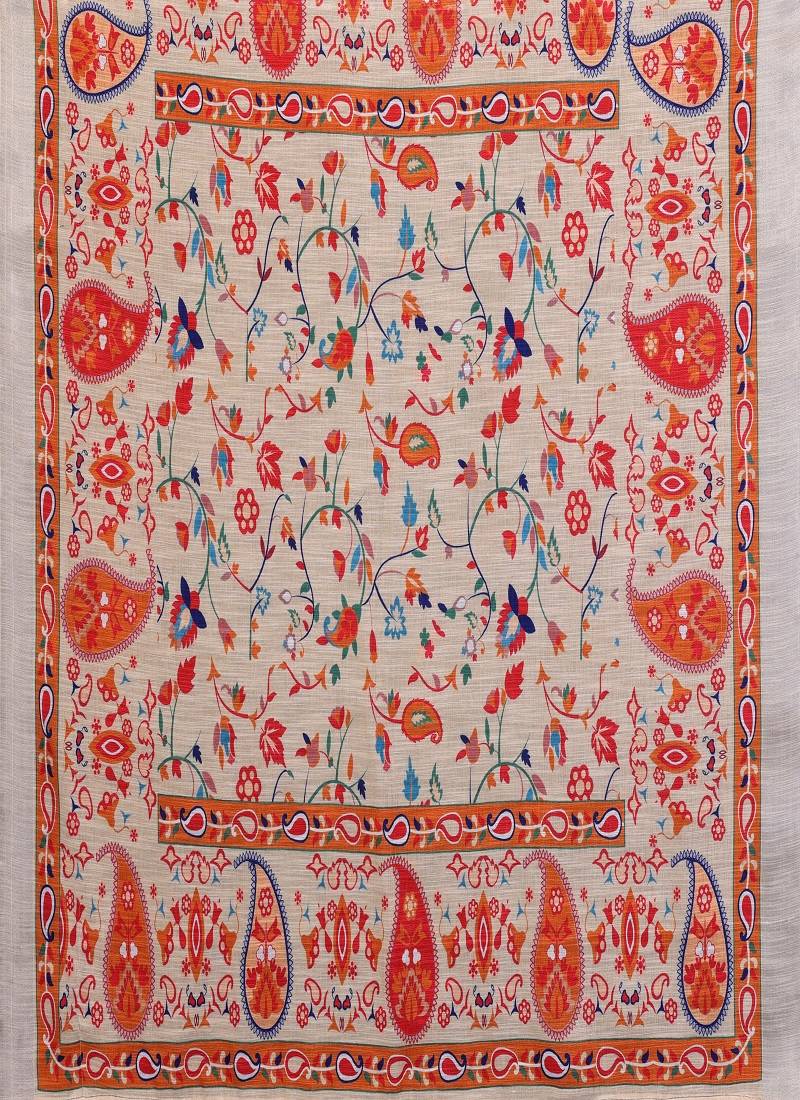 orange color digital printed work cotton blend saree