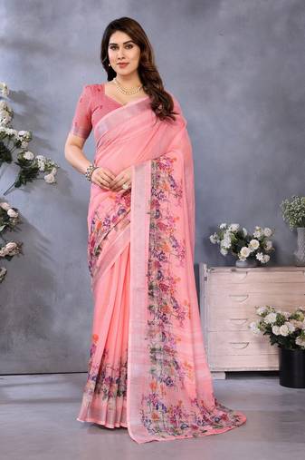 peach digital printed work cotton blend saree