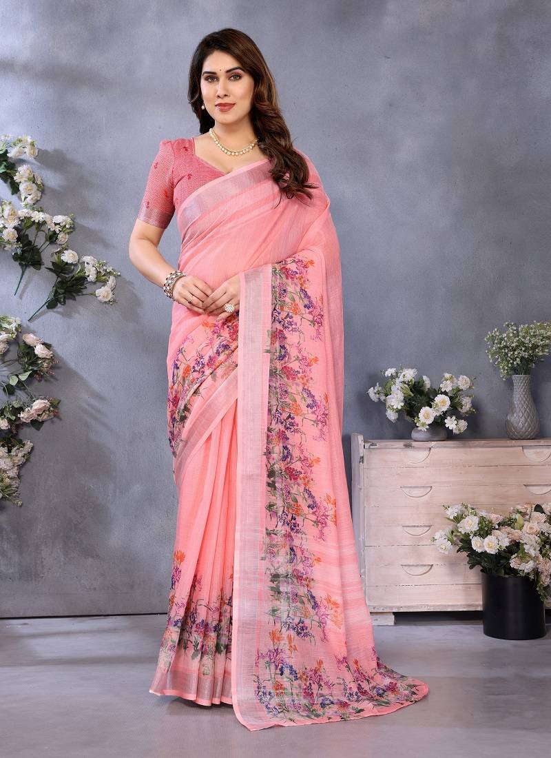 peach digital printed work cotton blend saree
