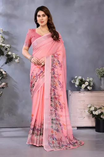 peach color digital printed work cotton blend saree