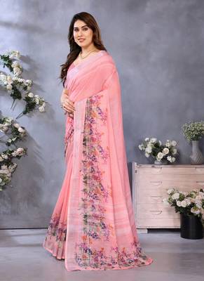 peach color digital printed work cotton blend saree 2