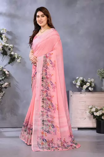 peach color digital printed work cotton blend saree