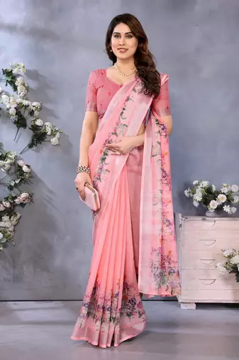 peach color digital printed work cotton blend saree