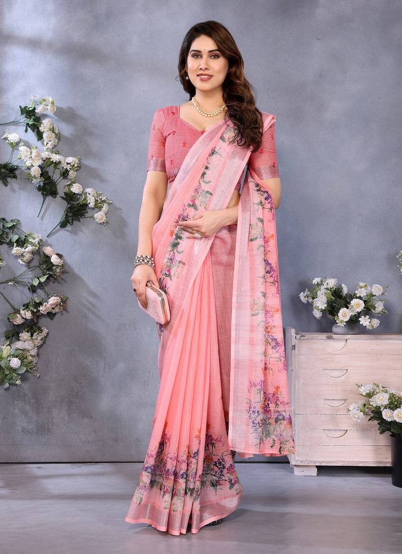 peach color digital printed work cotton blend saree