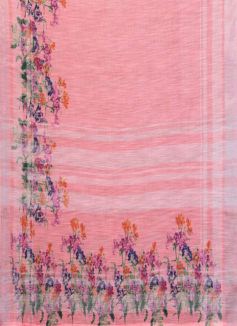 peach color digital printed work cotton blend saree