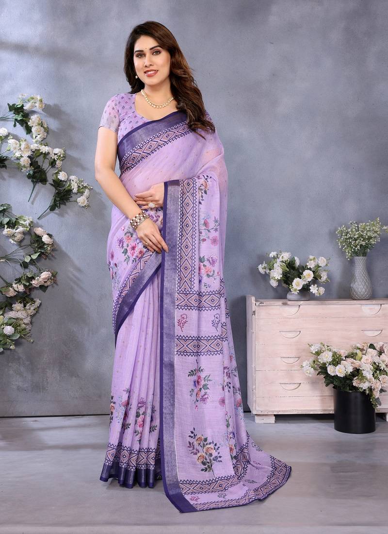 purple digital printed work cotton blend saree