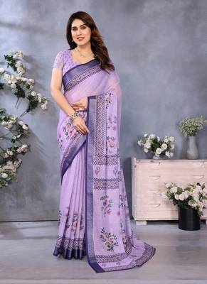 purple color digital printed work cotton blend saree 1