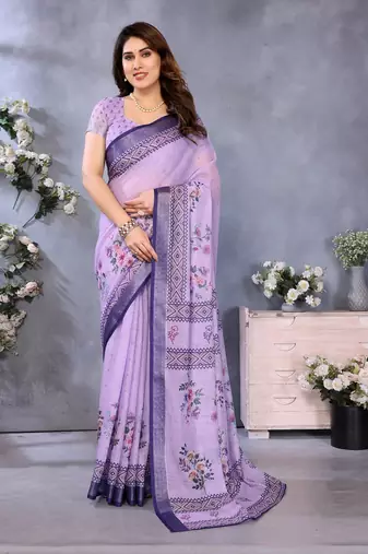 purple color digital printed work cotton blend saree