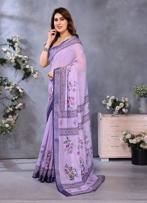 purple color digital printed work cotton blend saree 2
