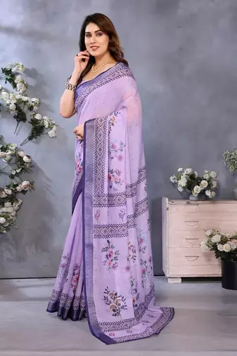 purple color digital printed work cotton blend saree
