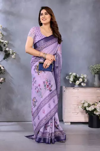 purple color digital printed work cotton blend saree