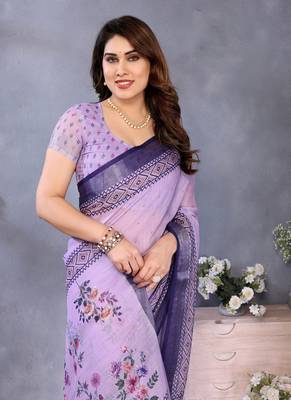 purple color digital printed work cotton blend saree 4