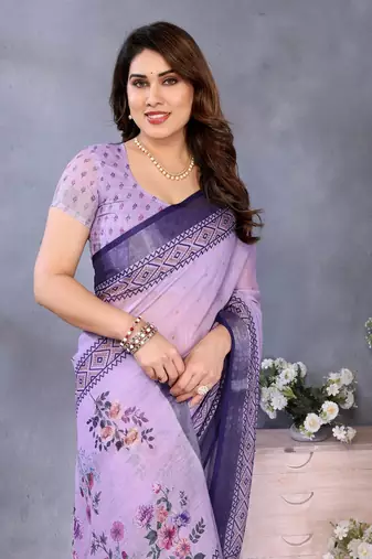 purple color digital printed work cotton blend saree