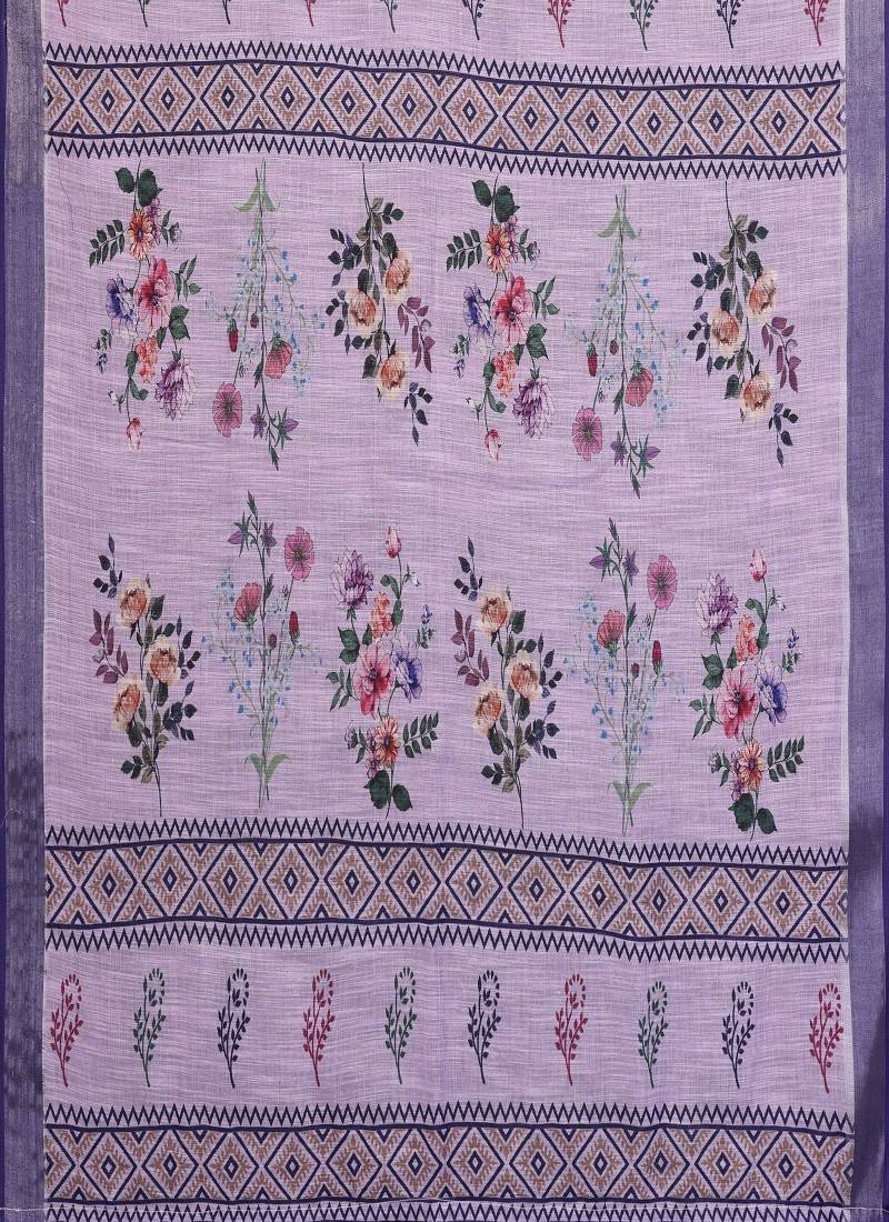 purple color digital printed work cotton blend saree