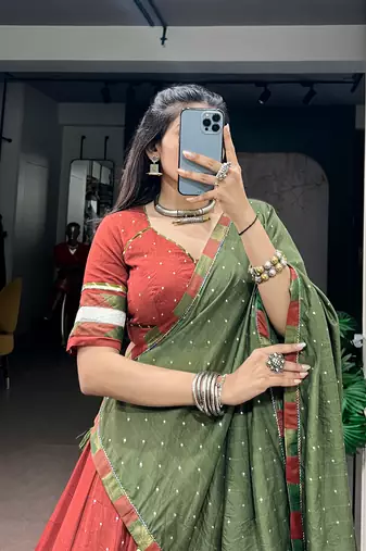 chanderi silk blend navratri lehenga choli with dupatta- full stitched free size