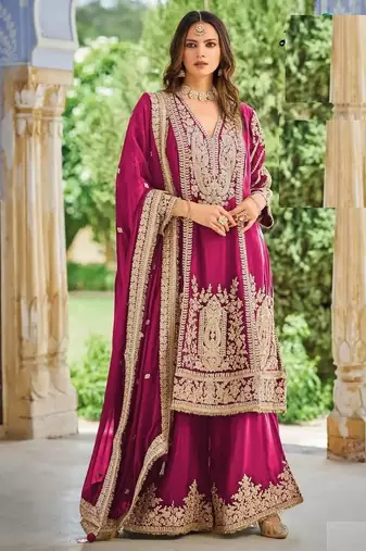 Pink chinon silk full stitched free size palazzo suits upto 44