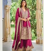 Pink chinon silk full stitched free size palazzo suits upto 44