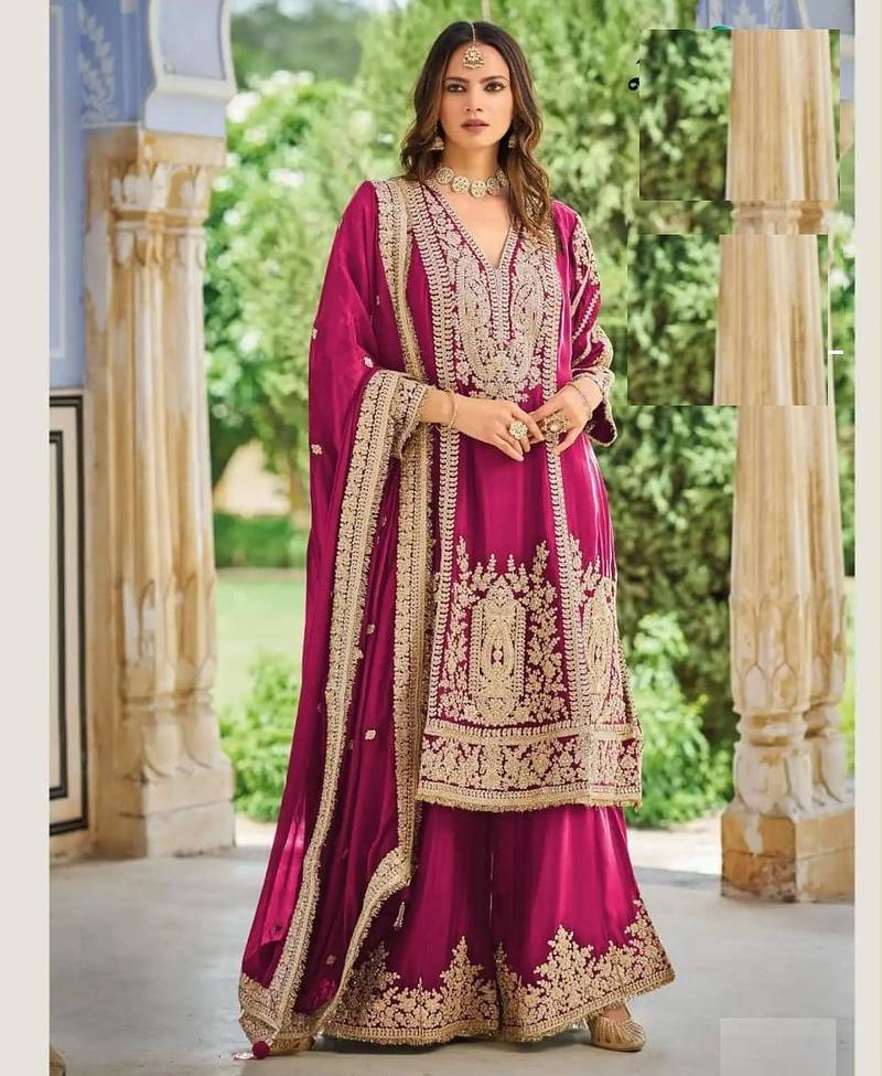 Pink chinon silk full stitched free size palazzo suits upto 44