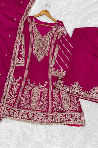 Pink chinon silk full stitched free size palazzo suits upto 44