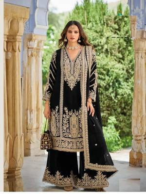 Black chinon silk full stitched free size palazzo suits upto 44 1