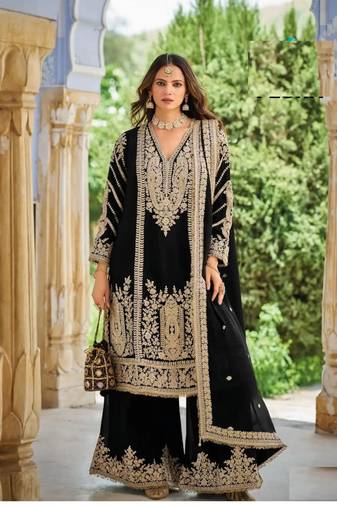 Black chinon silk full stitched free size palazzo suits upto 44
