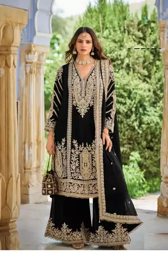Black chinon silk full stitched free size palazzo suits upto 44