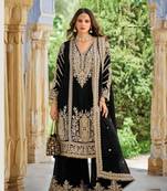 Black chinon silk full stitched free size palazzo suits upto 44