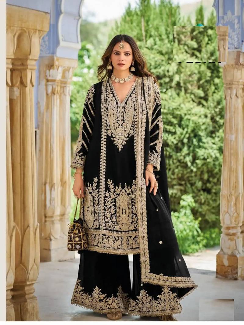 Black chinon silk full stitched free size palazzo suits upto 44