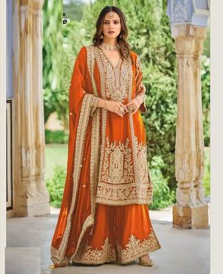 Orange chinon silk full stitched free size palazzo suits upto 44 1