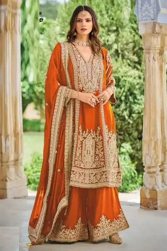Orange chinon silk full stitched free size palazzo suits upto 44