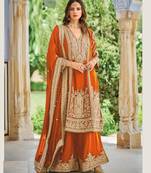 Orange chinon silk full stitched free size palazzo suits upto 44