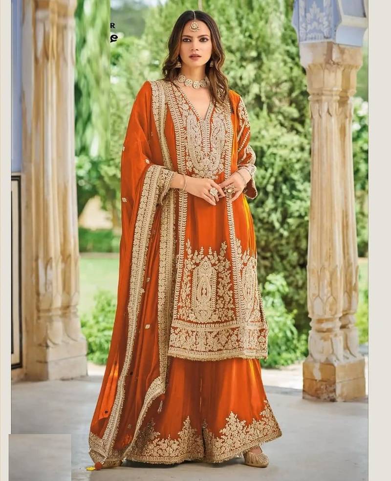 Orange chinon silk full stitched free size palazzo suits upto 44
