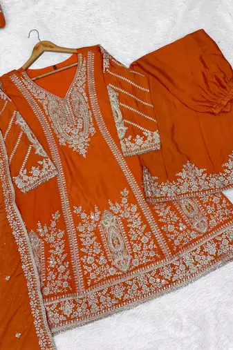 Orange chinon silk full stitched free size palazzo suits upto 44
