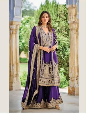 Blue chinon silk full stitched free size palazzo suits upto 44 1