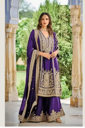 Blue chinon silk full stitched free size palazzo suits upto 44