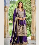 Blue chinon silk full stitched free size palazzo suits upto 44