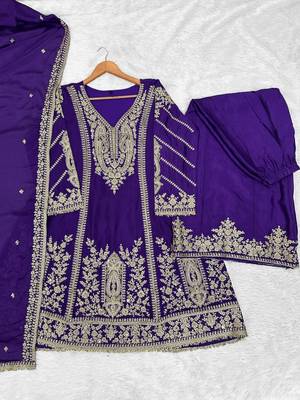 Blue chinon silk full stitched free size palazzo suits upto 44 2