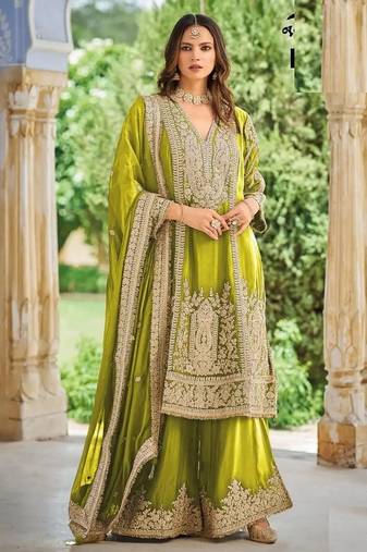 Green chinon silk full stitched free size palazzo suits upto 44