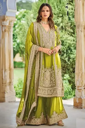 Green chinon silk full stitched free size palazzo suits upto 44