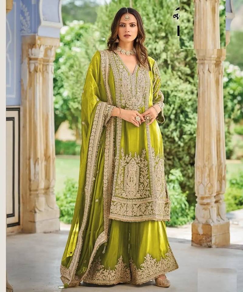 Green chinon silk full stitched free size palazzo suits upto 44